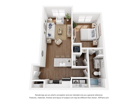A 3D floor plan of a small apartment with a kitchen, living room, and bedroom.
